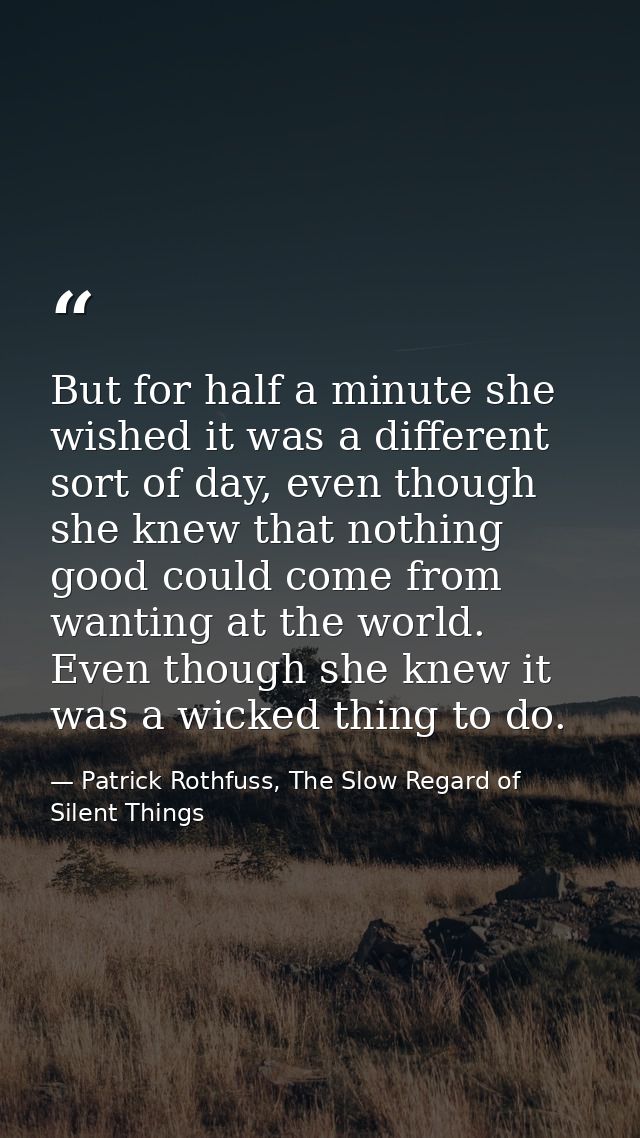 But for half a minute she wished it was a different sort of day, even though she knew that nothing good could come from  — Patrick Rothfuss, The Slow Regard of Silent Things