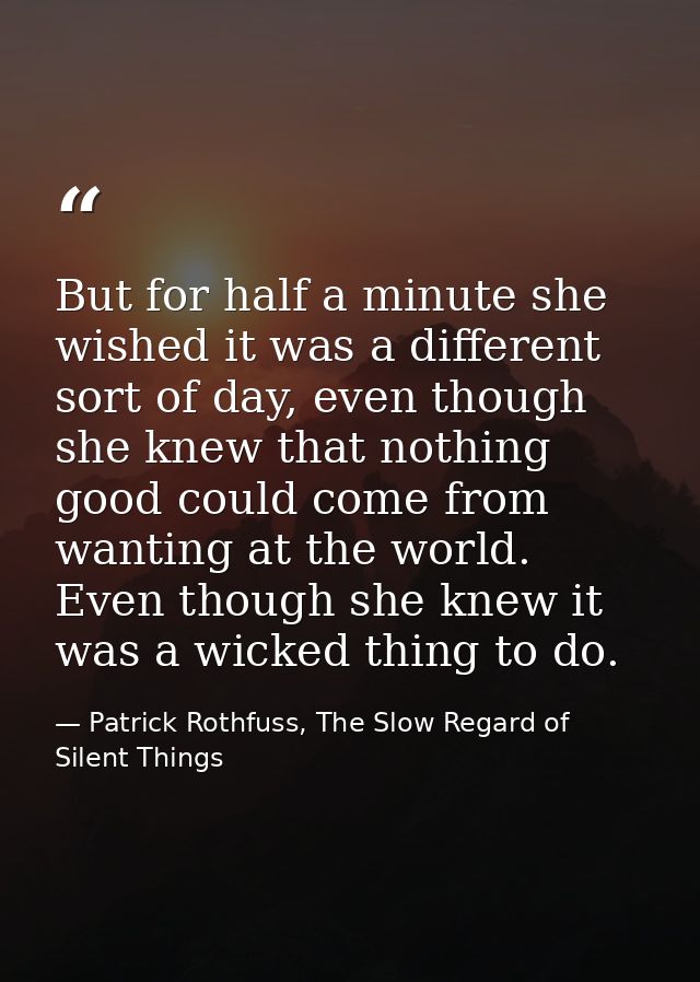 But for half a minute she wished it was a different sort of day, even though she knew that nothing good could come from  — Patrick Rothfuss, The Slow Regard of Silent Things