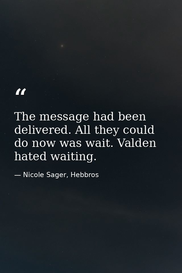 The message had been delivered. All they could do now was wait. Valden hated waiting. — Nicole Sager, Hebbros