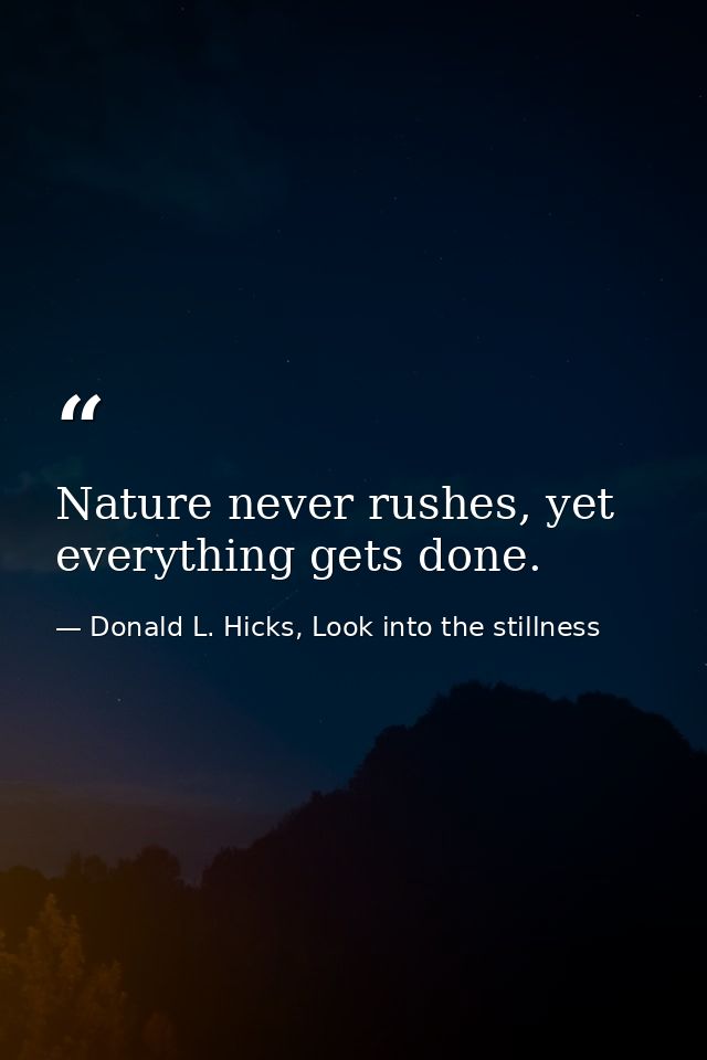 Nature never rushes, yet everything gets done. — Donald L. Hicks, Look into the stillness