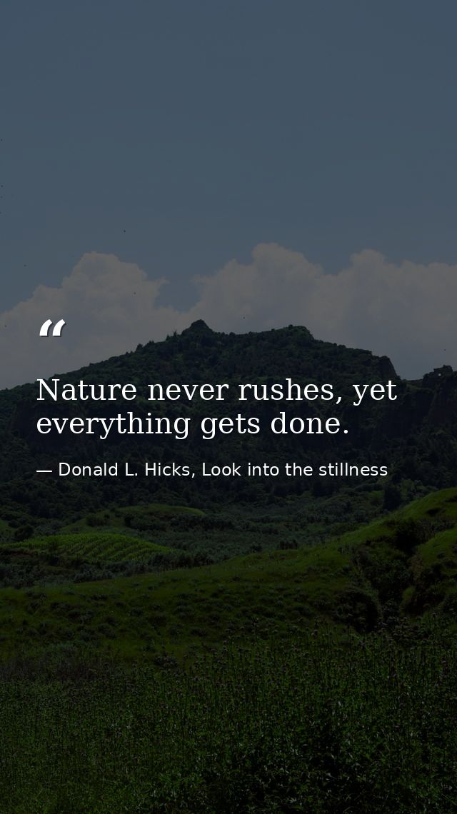 Nature never rushes, yet everything gets done. — Donald L. Hicks, Look into the stillness