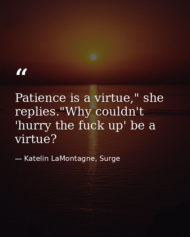 Patience is a virtue," she replies."Why couldn't 'hurry the fuck up' be a virtue? — Katelin LaMontagne, Surge