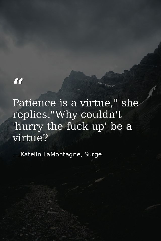 Patience is a virtue," she replies."Why couldn't 'hurry the fuck up' be a virtue? — Katelin LaMontagne, Surge
