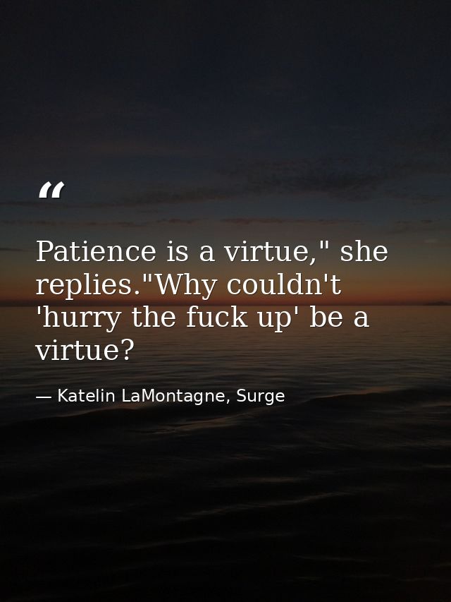 Patience is a virtue," she replies."Why couldn't 'hurry the fuck up' be a virtue? — Katelin LaMontagne, Surge
