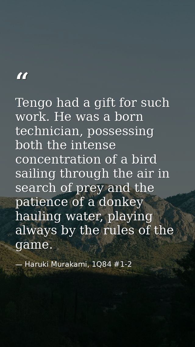 Tengo had a gift for such work. He was a born technician, possessing both the intense concentration of a bird sailing th — Haruki Murakami, 1Q84 #1-2
