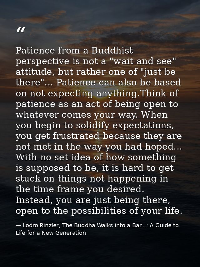 Patience from a Buddhist perspective is not a "wait and see" attitude, but rather one of "just be there"... Patience can — Lodro Rinzler, The Buddha Walks into a Bar...: A Guide to Life for a New Generation
