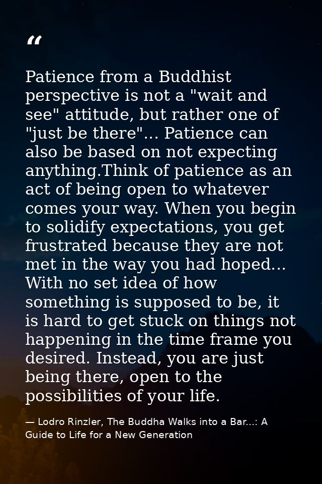 Patience from a Buddhist perspective is not a "wait and see" attitude, but rather one of "just be there"... Patience can — Lodro Rinzler, The Buddha Walks into a Bar...: A Guide to Life for a New Generation