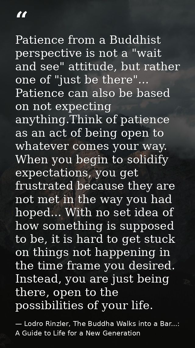Patience from a Buddhist perspective is not a "wait and see" attitude, but rather one of "just be there"... Patience can — Lodro Rinzler, The Buddha Walks into a Bar...: A Guide to Life for a New Generation