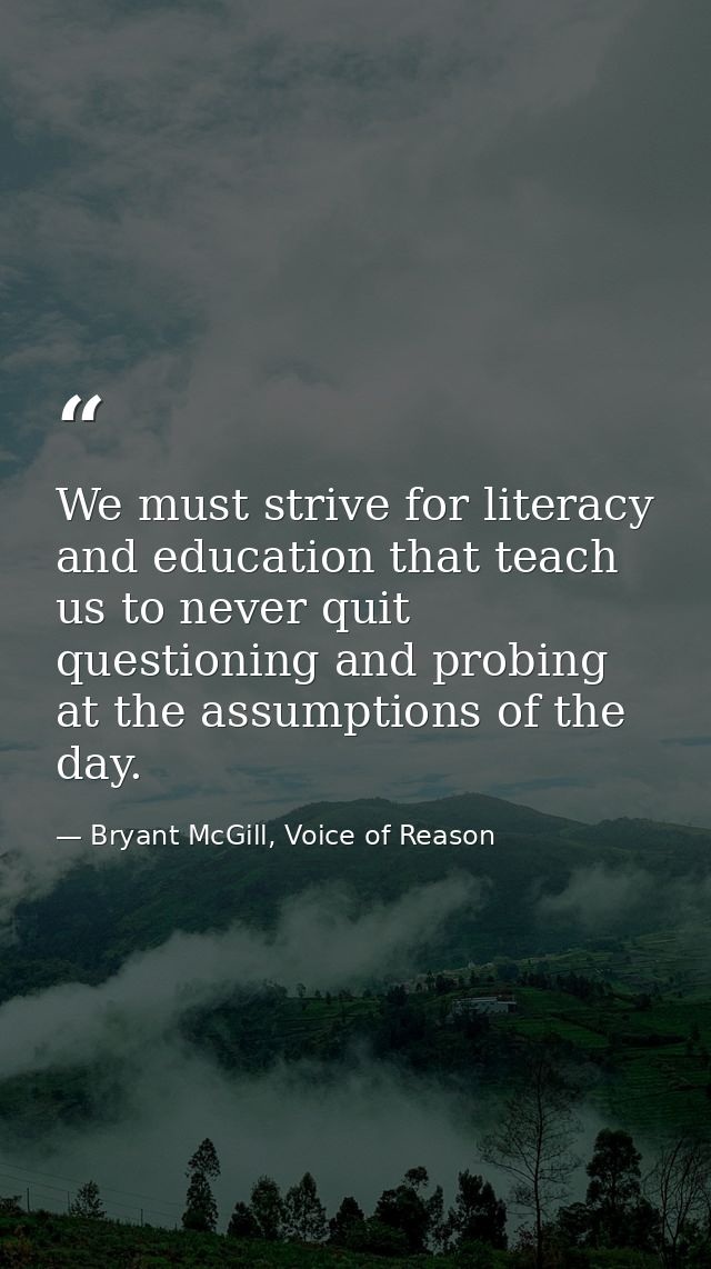 We must strive for literacy and education that teach us to never quit questioning and probing at the assumptions of the  — Bryant McGill, Voice of Reason