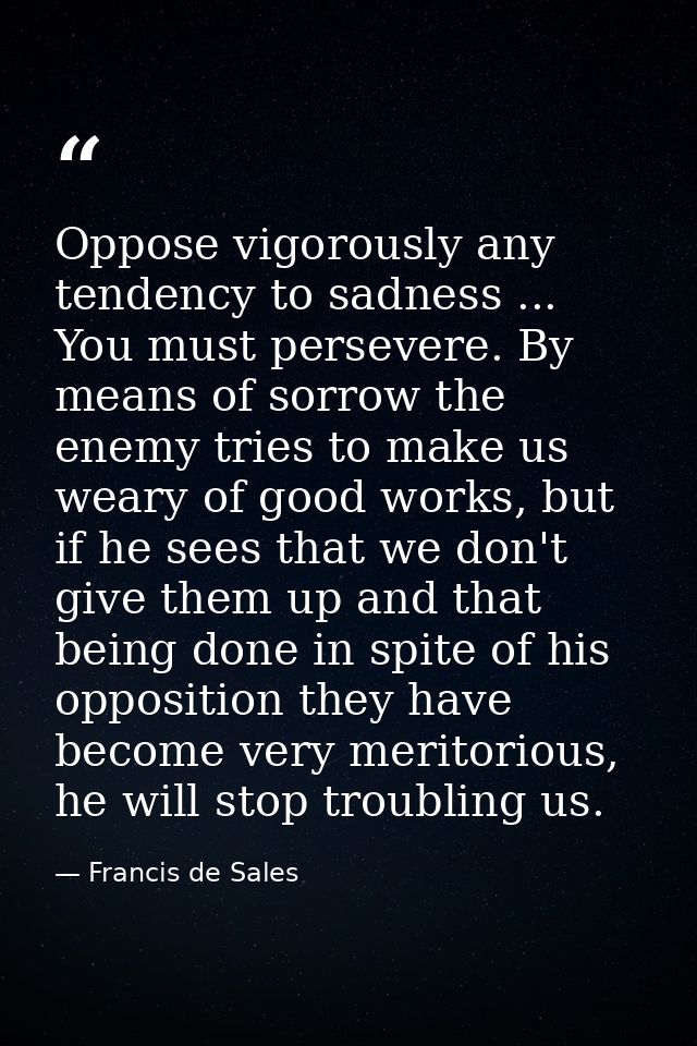 Oppose vigorously any tendency to sadness ... You must persevere. By means of sorrow the enemy tries to make us weary of — Francis de Sales