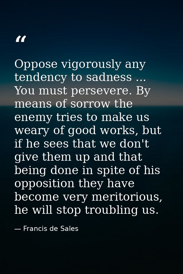 Oppose vigorously any tendency to sadness ... You must persevere. By means of sorrow the enemy tries to make us weary of — Francis de Sales