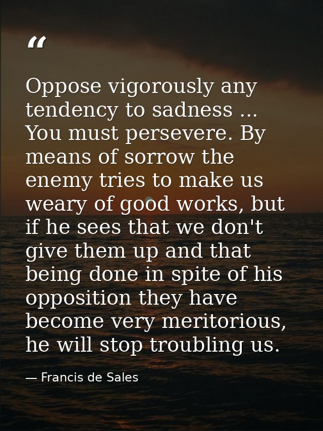Oppose vigorously any tendency to sadness ... You must persevere. By means of sorrow the enemy tries to make us weary of — Francis de Sales