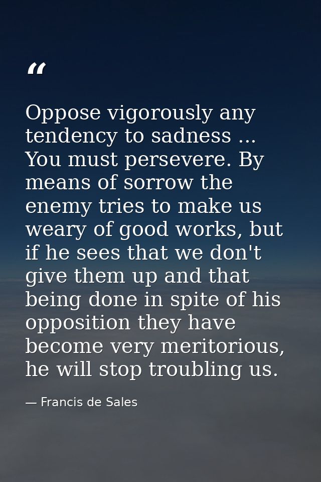 Oppose vigorously any tendency to sadness ... You must persevere. By means of sorrow the enemy tries to make us weary of — Francis de Sales