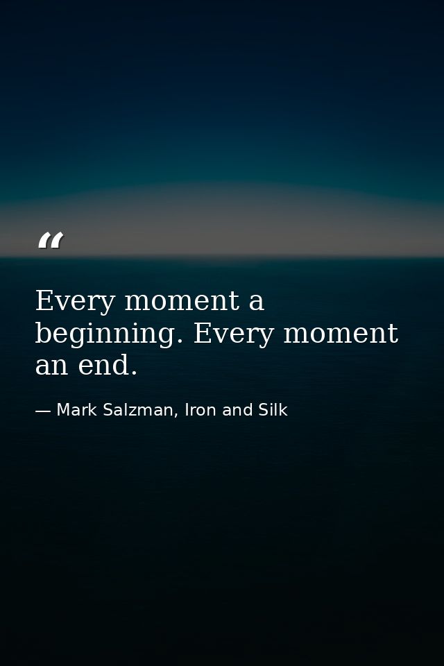 Every moment a beginning. Every moment an end. — Mark Salzman, Iron and Silk