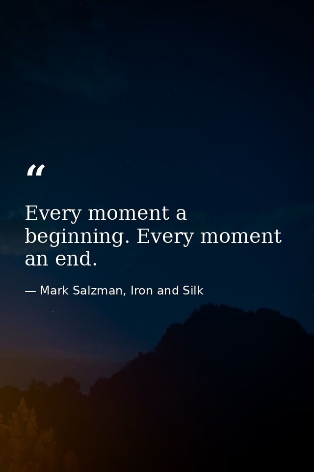 Every moment a beginning. Every moment an end. — Mark Salzman, Iron and Silk