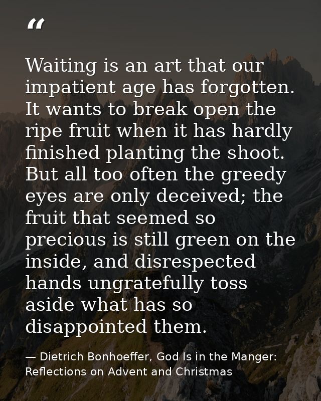 Waiting is an art that our impatient age has forgotten. It wants to break open the ripe fruit when it has hardly finishe — Dietrich Bonhoeffer, God Is in the Manger: Reflections on Advent and Christmas