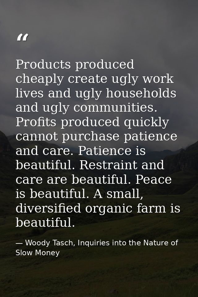 Products produced cheaply create ugly work lives and ugly households and ugly communities. Profits produced quickly cann — Woody Tasch, Inquiries into the Nature of Slow Money