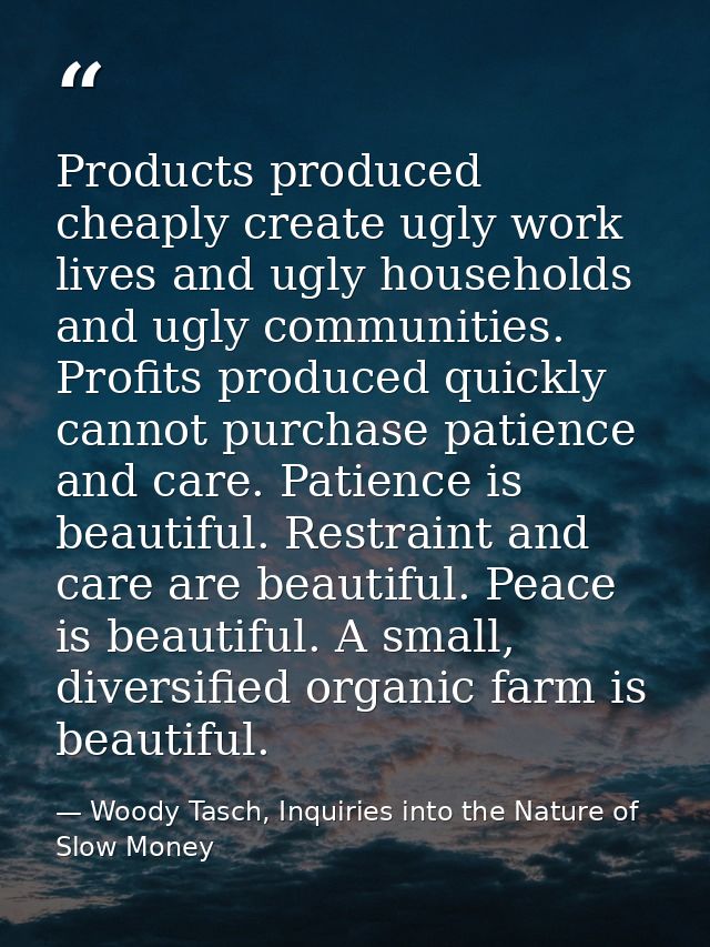 Products produced cheaply create ugly work lives and ugly households and ugly communities. Profits produced quickly cann — Woody Tasch, Inquiries into the Nature of Slow Money