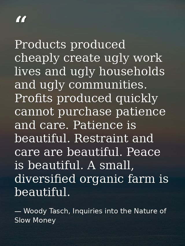 Products produced cheaply create ugly work lives and ugly households and ugly communities. Profits produced quickly cann — Woody Tasch, Inquiries into the Nature of Slow Money