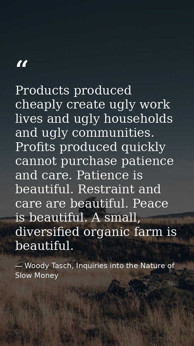 Products produced cheaply create ugly work lives and ugly households and ugly communities. Profits produced quickly cann — Woody Tasch, Inquiries into the Nature of Slow Money