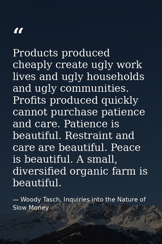 Products produced cheaply create ugly work lives and ugly households and ugly communities. Profits produced quickly cann — Woody Tasch, Inquiries into the Nature of Slow Money
