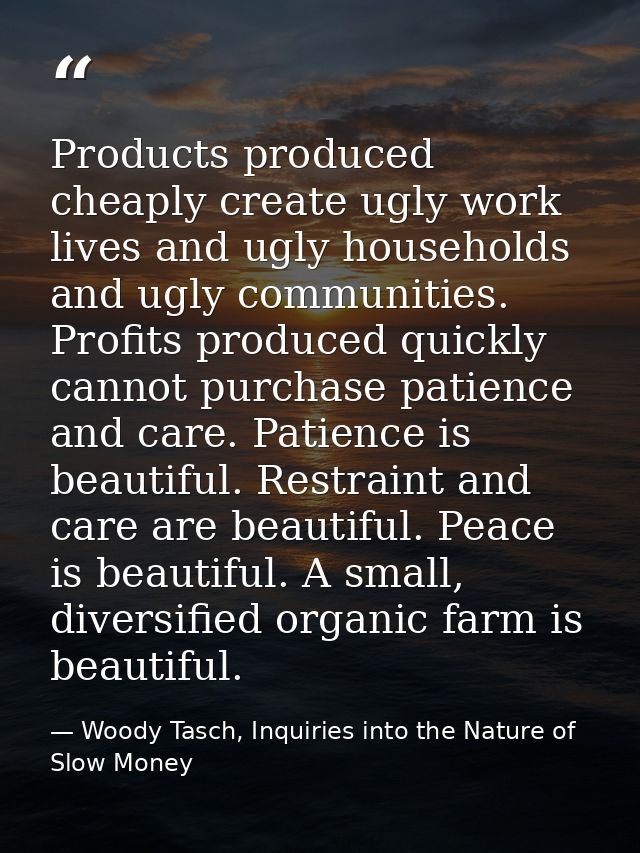 Products produced cheaply create ugly work lives and ugly households and ugly communities. Profits produced quickly cann — Woody Tasch, Inquiries into the Nature of Slow Money