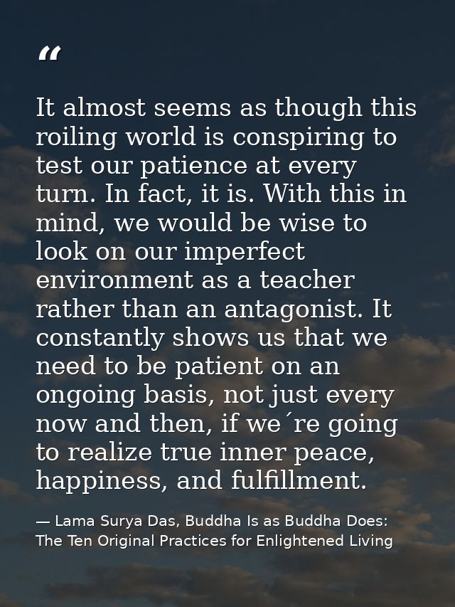 It almost seems as though this roiling world is conspiring to test our patience at every turn. In fact, it is. With this — Lama Surya Das, Buddha Is as Buddha Does: The Ten Original Practices for Enlightened Living