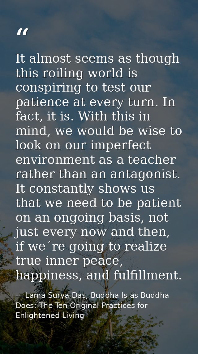 It almost seems as though this roiling world is conspiring to test our patience at every turn. In fact, it is. With this — Lama Surya Das, Buddha Is as Buddha Does: The Ten Original Practices for Enlightened Living