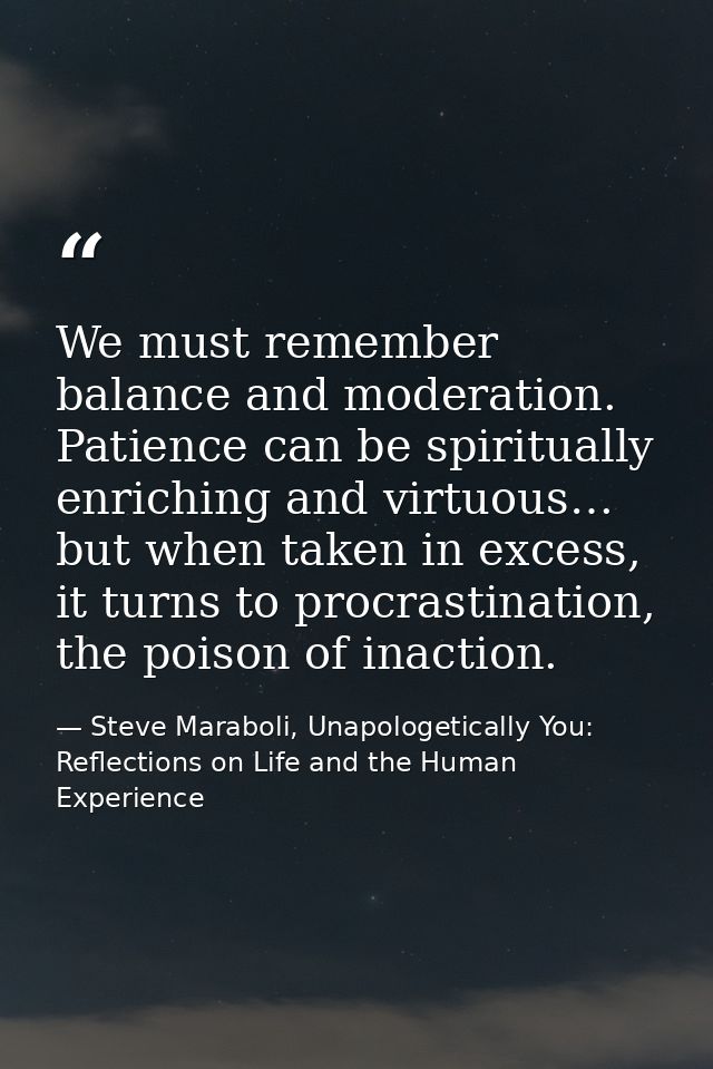 We must remember balance and moderation. Patience can be spiritually enriching and virtuous… but when taken in excess, i — Steve Maraboli, Unapologetically You: Reflections on Life and the Human Experience