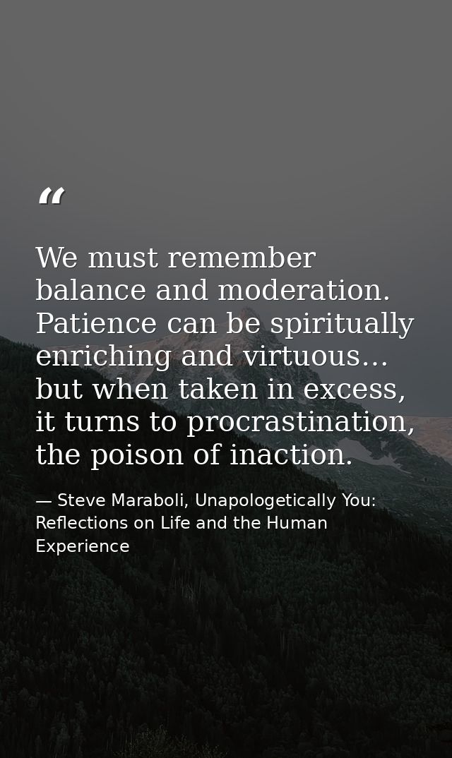 We must remember balance and moderation. Patience can be spiritually enriching and virtuous… but when taken in excess, i — Steve Maraboli, Unapologetically You: Reflections on Life and the Human Experience