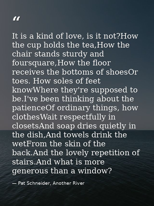 It is a kind of love, is it not?How the cup holds the tea,How the chair stands sturdy and foursquare,How the floor recei — Pat Schneider, Another River