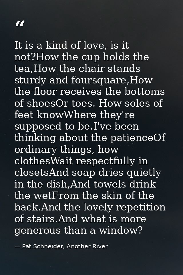 It is a kind of love, is it not?How the cup holds the tea,How the chair stands sturdy and foursquare,How the floor recei — Pat Schneider, Another River