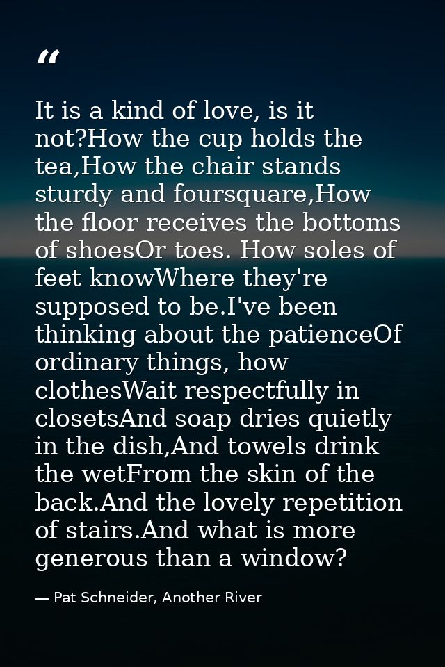 It is a kind of love, is it not?How the cup holds the tea,How the chair stands sturdy and foursquare,How the floor recei — Pat Schneider, Another River