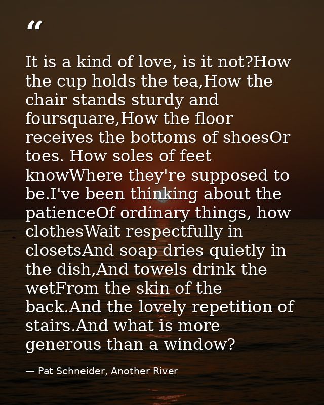 It is a kind of love, is it not?How the cup holds the tea,How the chair stands sturdy and foursquare,How the floor recei — Pat Schneider, Another River