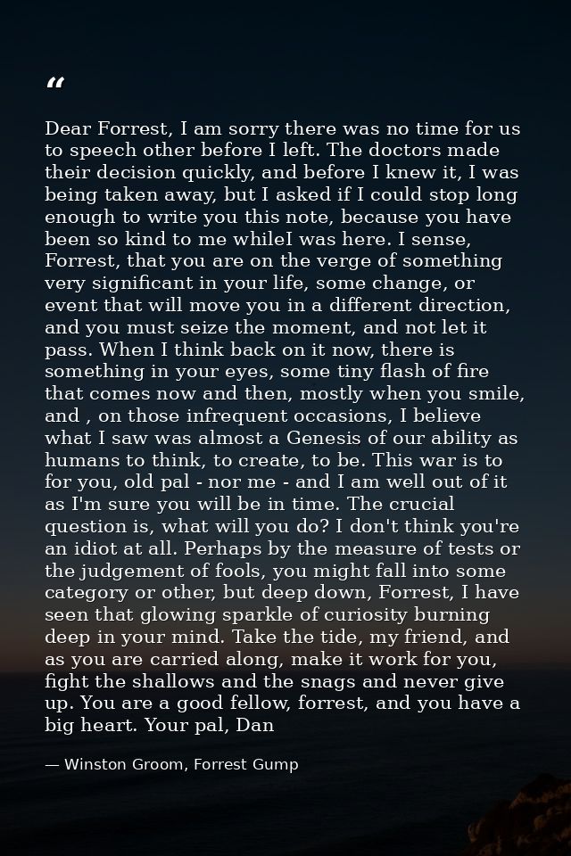 Dear Forrest, I am sorry there was no time for us to speech other before I left. The doctors made their decision quickly — Winston Groom, Forrest Gump