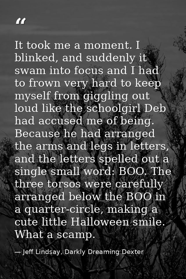 It took me a moment. I blinked, and suddenly it swam into focus and I had to frown very hard to keep myself from gigglin — Jeff Lindsay, Darkly Dreaming Dexter