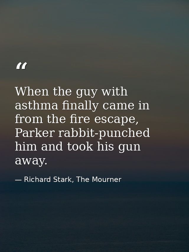 When the guy with asthma finally came in from the fire escape, Parker rabbit-punched him and took his gun away. — Richard Stark, The Mourner