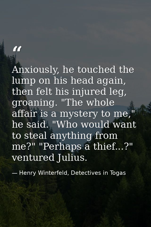 Anxiously, he touched the lump on his head again, then felt his injured leg, groaning. "The whole affair is a mystery to — Henry Winterfeld, Detectives in Togas