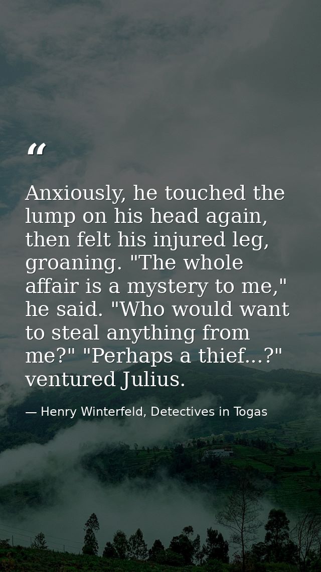 Anxiously, he touched the lump on his head again, then felt his injured leg, groaning. "The whole affair is a mystery to — Henry Winterfeld, Detectives in Togas