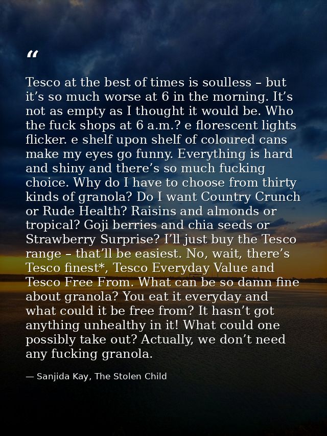 Tesco at the best of times is soulless – but it’s so much worse at 6 in the morning. It’s not as empty as I thought it w — Sanjida Kay, The Stolen Child