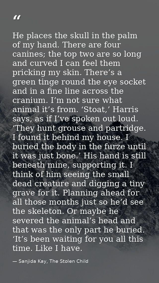 He places the skull in the palm of my hand. There are four canines; the top two are so long and curved I can feel them p — Sanjida Kay, The Stolen Child