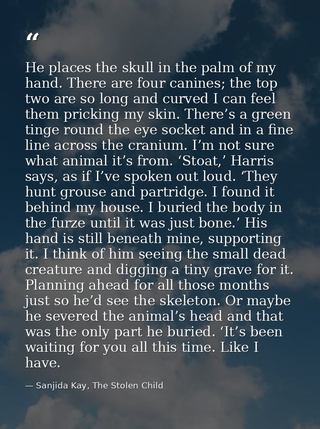 He places the skull in the palm of my hand. There are four canines; the top two are so long and curved I can feel them p — Sanjida Kay, The Stolen Child