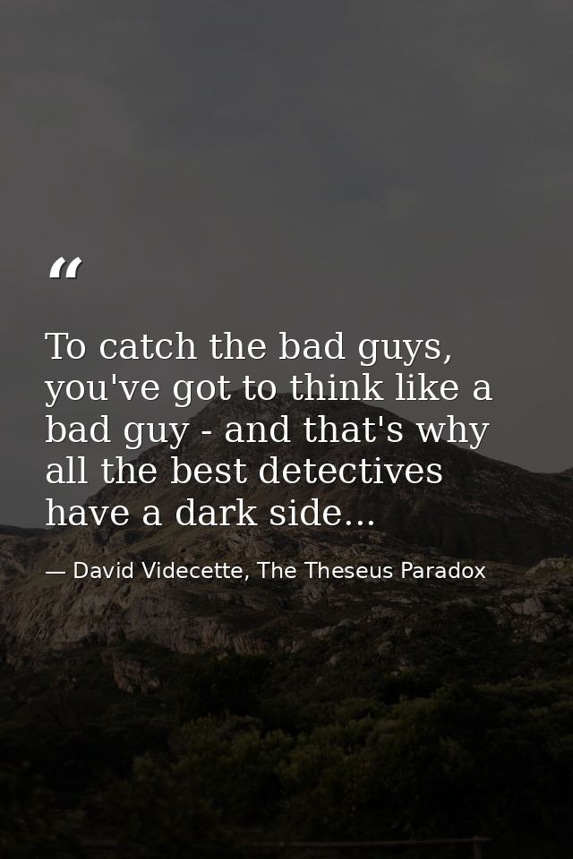 To catch the bad guys, you've got to think like a bad guy - and that's why all the best detectives have a dark side... — David Videcette, The Theseus Paradox