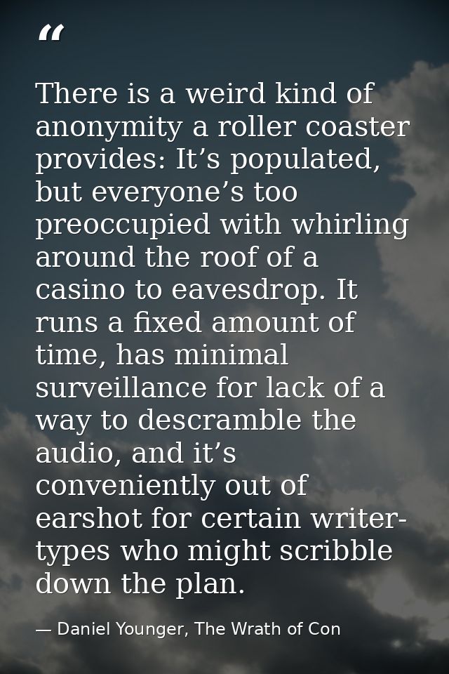 There is a weird kind of anonymity a roller coaster provides: It’s populated, but everyone’s too preoccupied with whirli — Daniel Younger, The Wrath of Con
