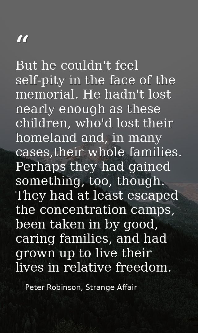 But he couldn't feel self-pity in the face of the memorial. He hadn't lost nearly enough as these children, who'd lost t — Peter Robinson, Strange Affair