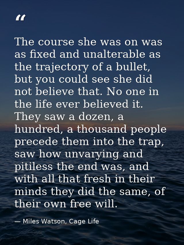 The course she was on was as fixed and unalterable as the trajectory of a bullet, but you could see she did not believe  — Miles Watson, Cage Life