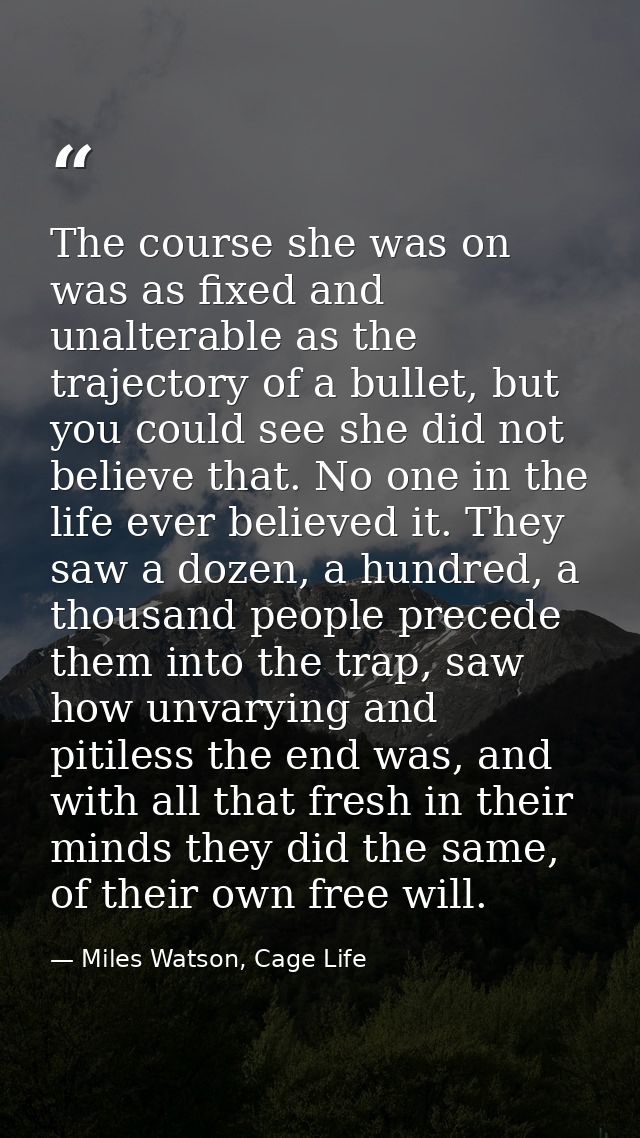 The course she was on was as fixed and unalterable as the trajectory of a bullet, but you could see she did not believe  — Miles Watson, Cage Life