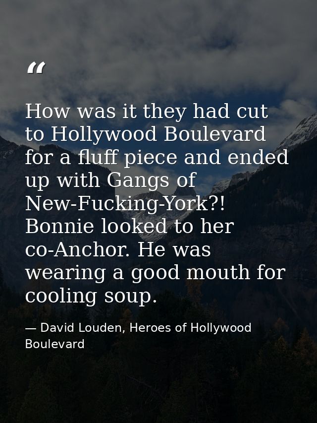 How was it they had cut to Hollywood Boulevard for a fluff piece and ended up with Gangs of New-Fucking-York?! Bonnie lo — David Louden, Heroes of Hollywood Boulevard