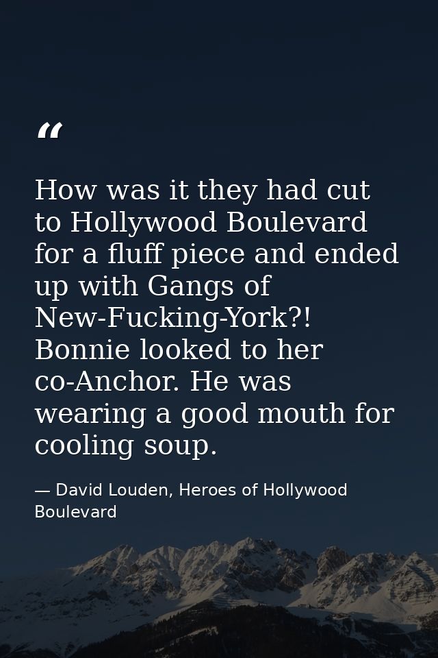 How was it they had cut to Hollywood Boulevard for a fluff piece and ended up with Gangs of New-Fucking-York?! Bonnie lo — David Louden, Heroes of Hollywood Boulevard