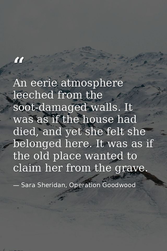 An eerie atmosphere leeched from the soot-damaged walls. It was as if the house had died, and yet she felt she belonged  — Sara Sheridan, Operation Goodwood